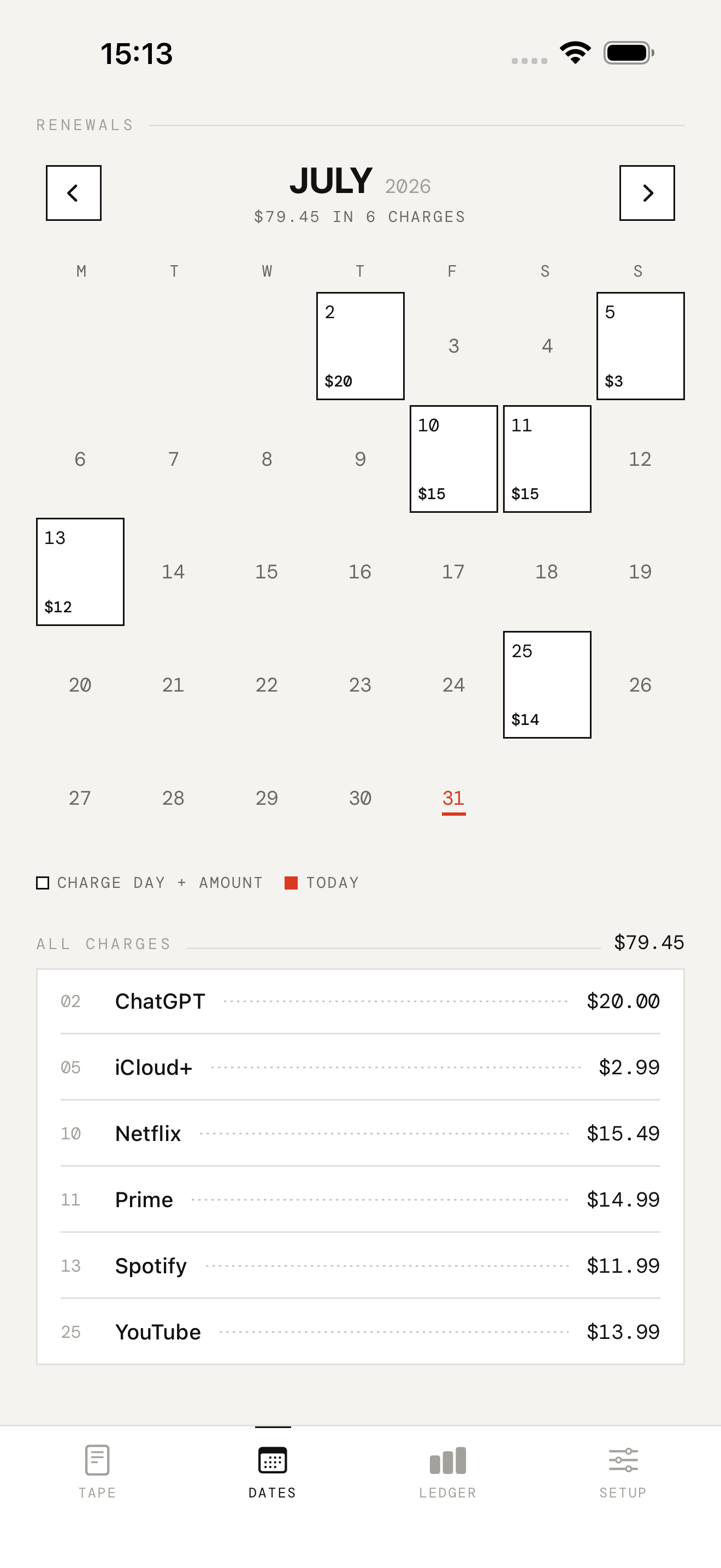SubTrackr — Charge days