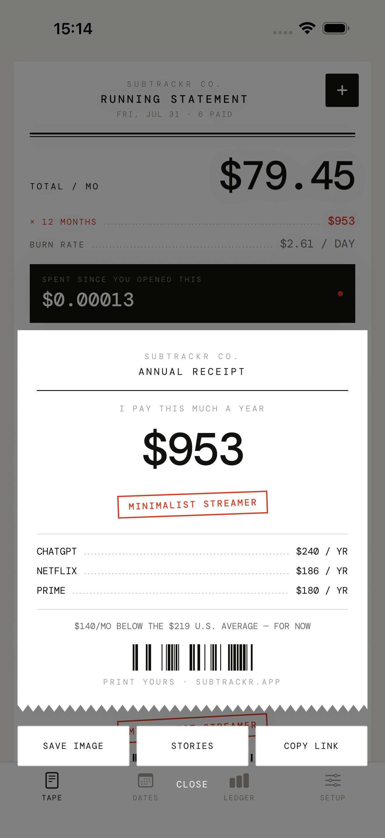 SubTrackr — Annual receipt